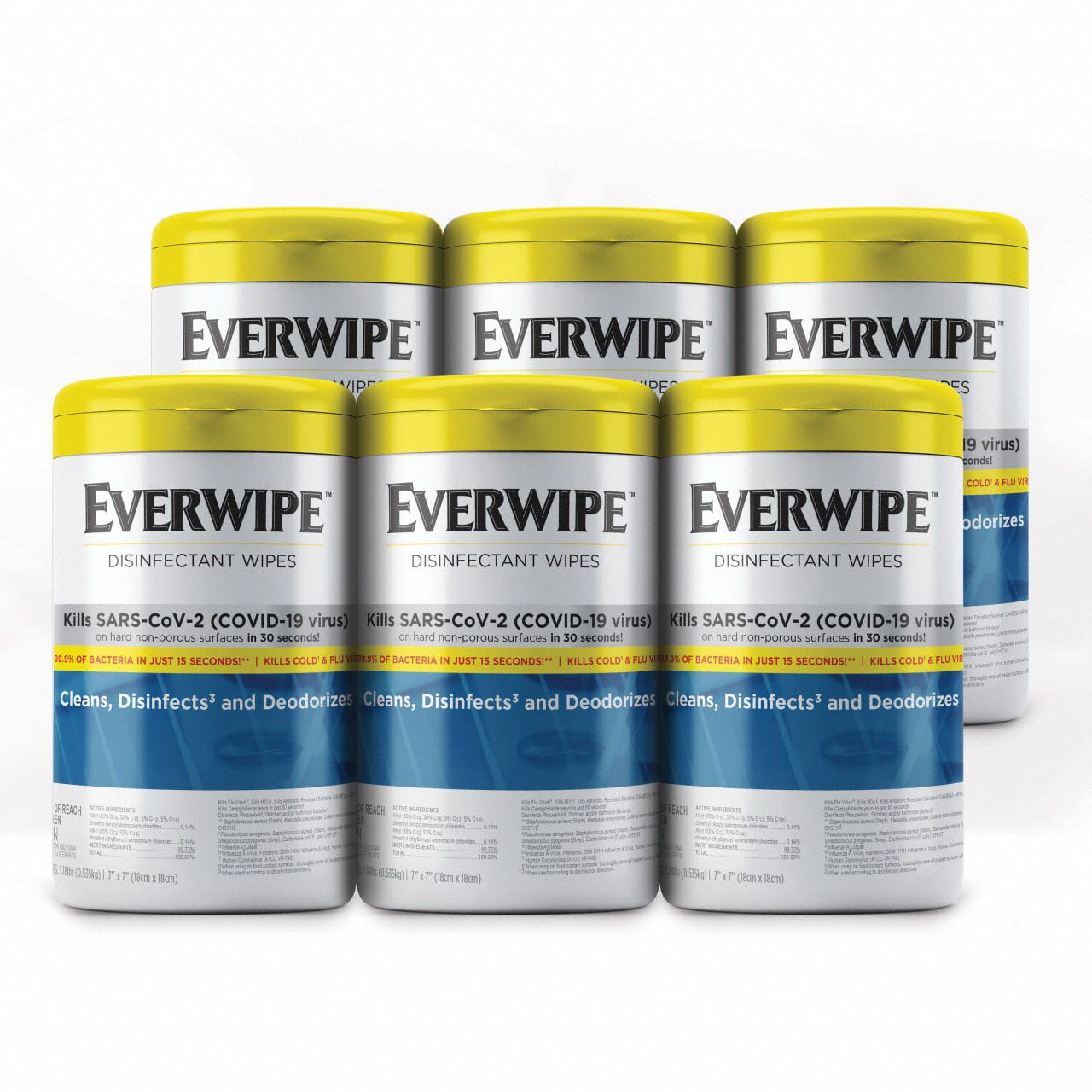 Disinfecting Wipes: Canister, Ready to Use, Wipes, Quat, 7 in x 7 in Sheet Size, Lemon, 6 PK