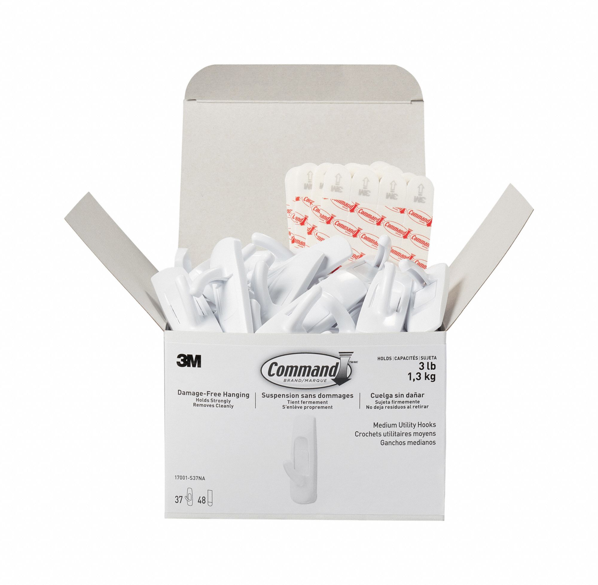 Hook: 3 lb Wt Capacity, 1 Points per Hook, White, 3 in Overall Ht, 7/8 in Overall Wd, 37 PK