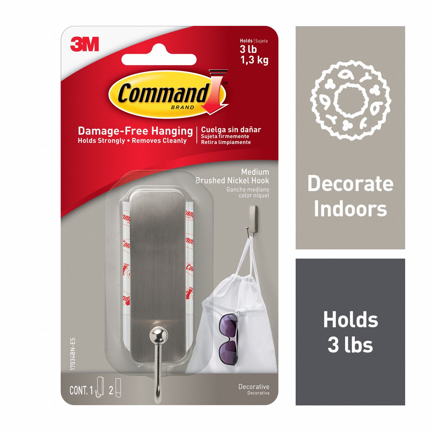 COMMAND Single Point Hook 1 Hooks, Metal, Brushed Nickel, 3 lb Working