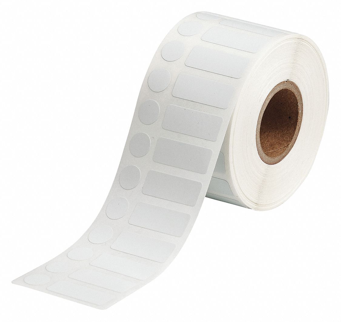 Pre-Cut Label Stock Roll: Circle/Rectangle, 3/8 in x 1 in, 1 in x 3/8 in, Cryogenic Polyester, White