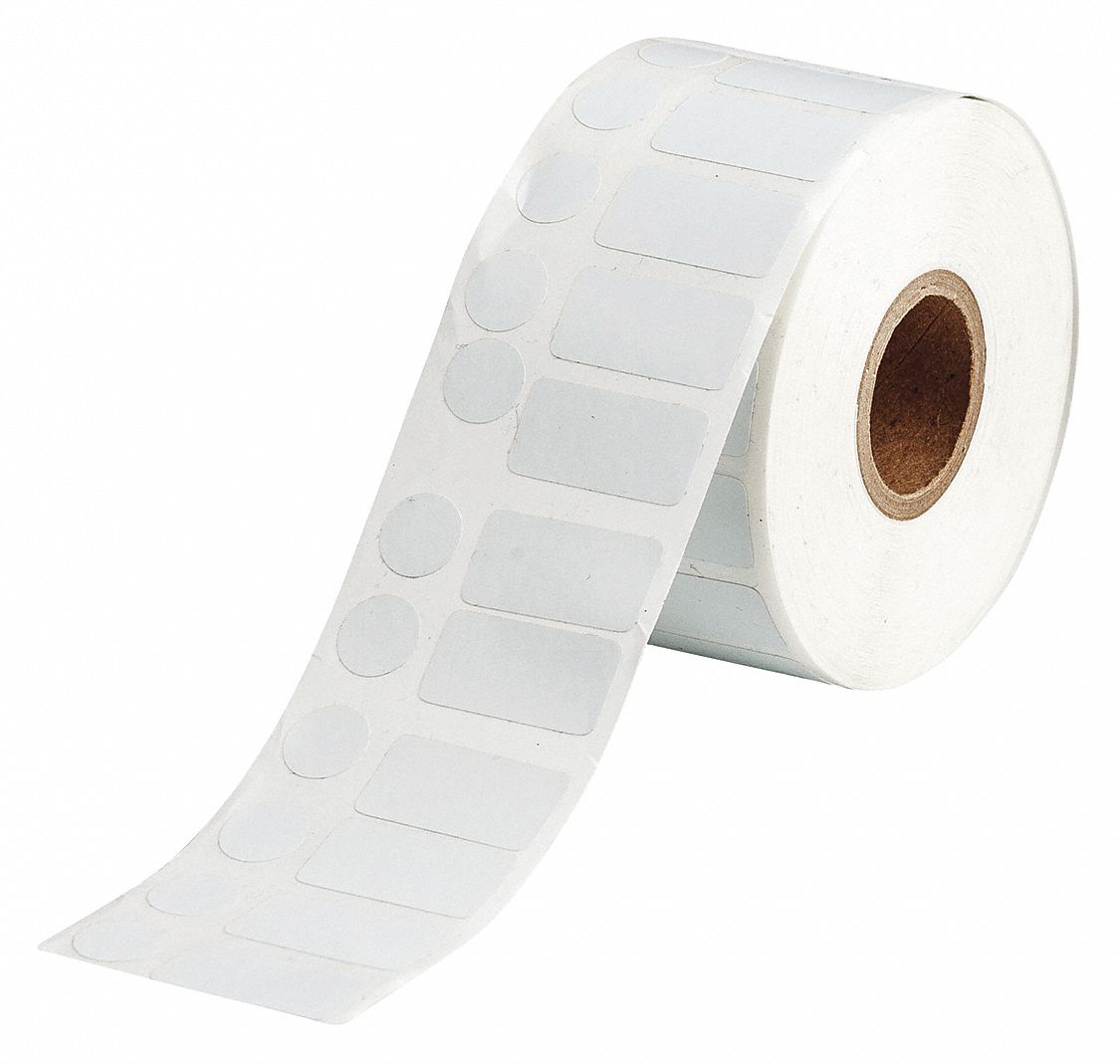 Pre-Cut Label Stock Roll: Circle/Rectangle, 1/2 in x 1 in, 1 in x 1/2 in, Cryogenic Polyester, White