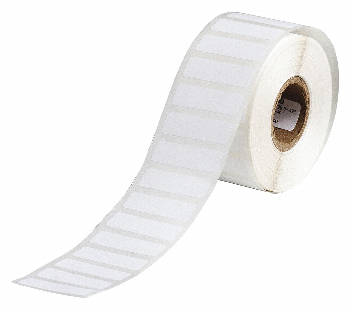Pre-Cut Label Stock Roll: Rectangle, 3/8 in x 1 1/4 in, 1 1/4 in x 3/8 in, White, -196°F to 212°F