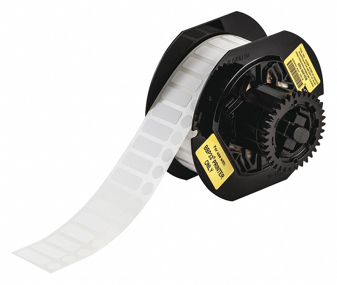 Pre-Cut Label Stock Roll: Circle/Rectangle, 3/8 in x 1 in, 1 in x 3/8 in, White, -112°F to 158°F