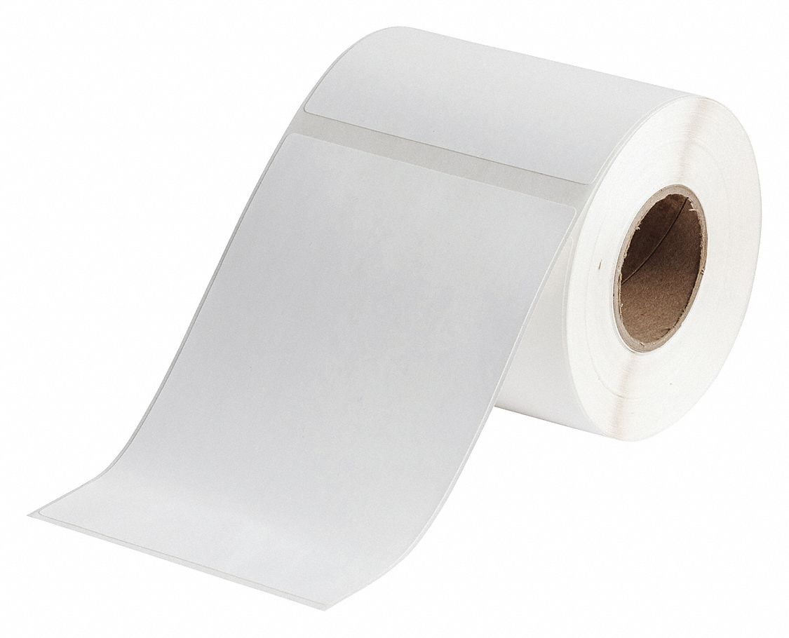 Pre-Cut Label Stock Roll: 6 1/8 in Label Ht, 4 1/8 in Label Wd, 6 3/32 in Roll Lg, White