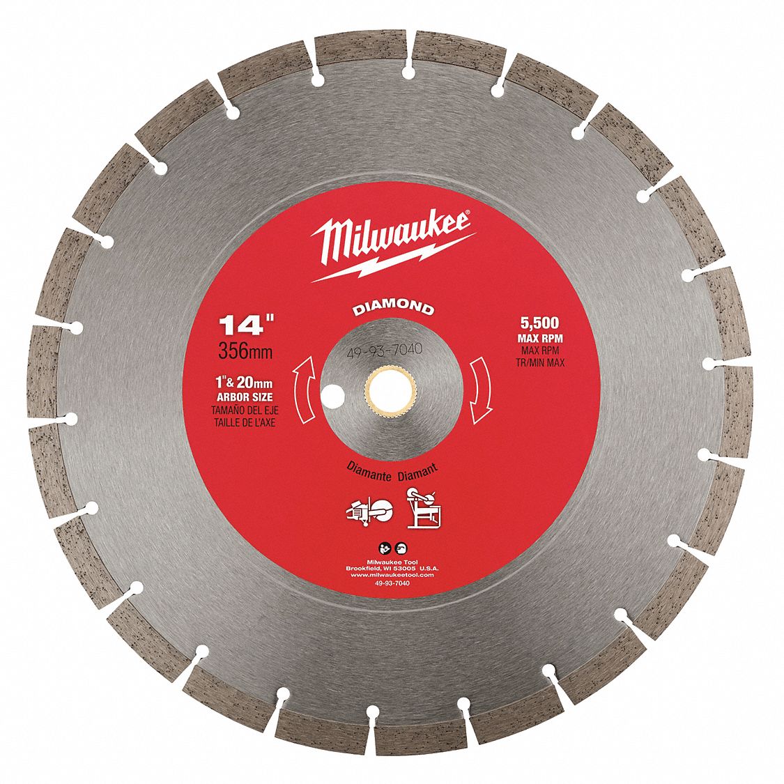 DIAMOND SAW BLADE, SEGMENTED, 14 IN, 1 IN ROUND ARBOUR, WET/DRY, 5460 RPM, FOR CONCRETE SAWS