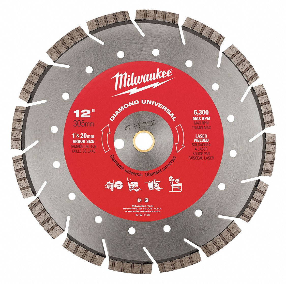 DIAMOND SAW BLADE, TURBO/SEGMENTED, 12 IN, 1 IN/20 MM, ROUND, WET/DRY, 6300 RPM