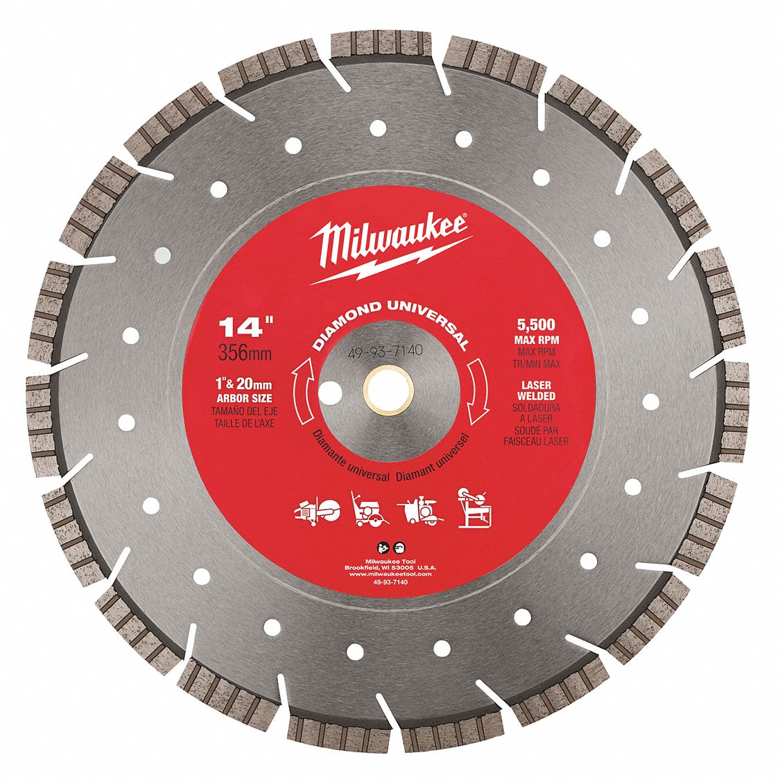 DIAMOND SAW BLADE, TURBO/SEGMENTED, 14 IN, 1 IN/20 MM, ROUND, WET/DRY, 5500 RPM