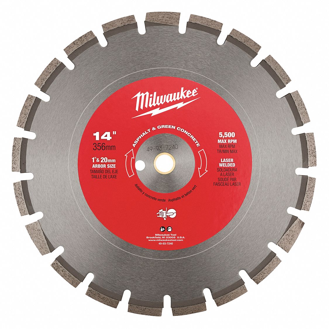 LAME DE SCIE DIAMANT, SEGMENTÉE, 14 PO, ARBRE ROND 1 PO, SEC/HUMIDE, 5 500 TR/MIN, SCIES À BÉTON