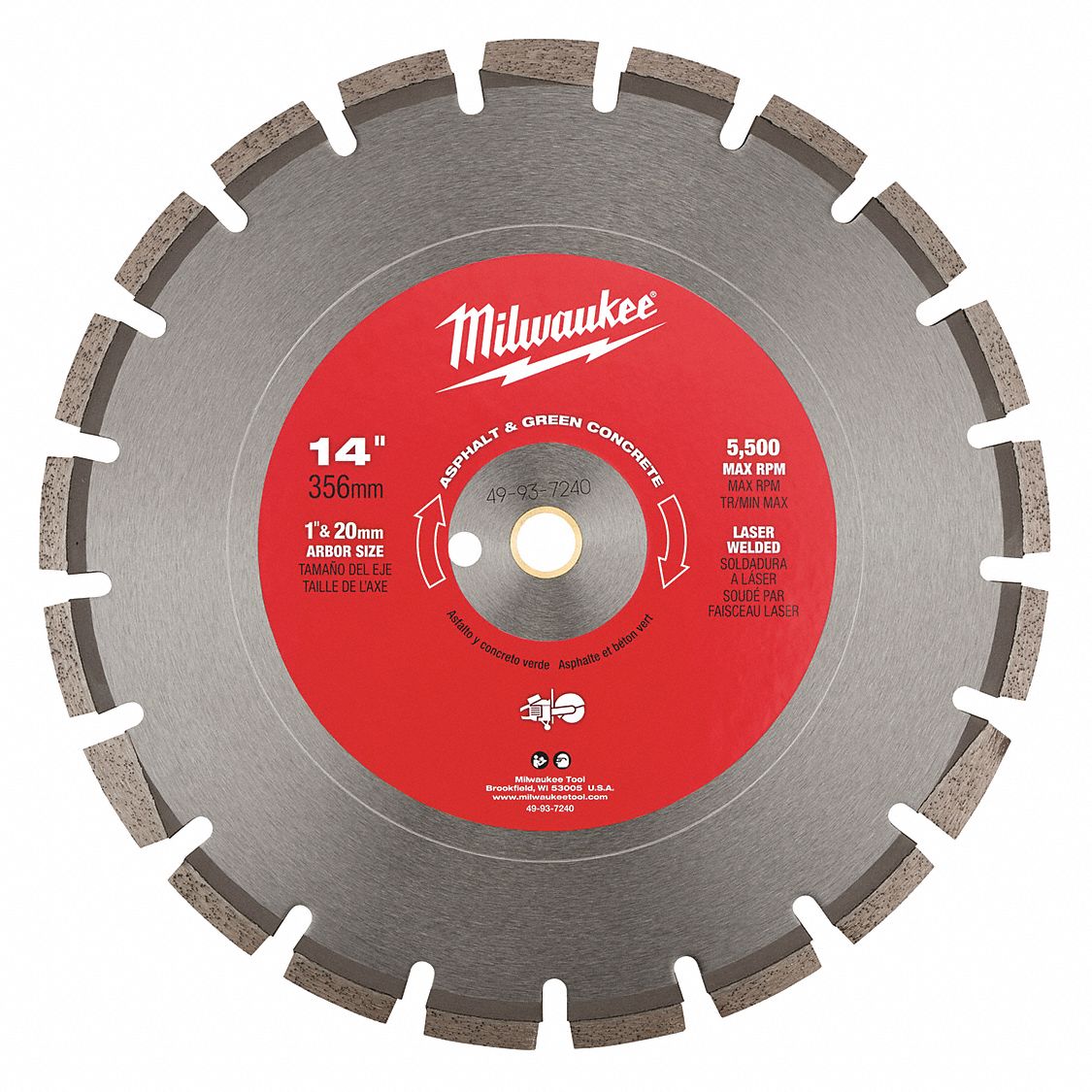 DIAMOND SAW BLADE, SEGMENTED, 14 IN, 1 IN ROUND ARBOUR, WET/DRY, 5500 RPM, FOR CONCRETE SAWS