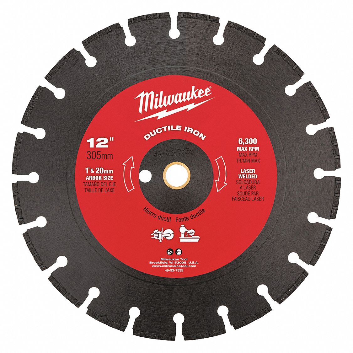 DIAMOND DUCTILE IRON SAW BLADE, SEGMENTED, 12 IN, 1 IN/20MM, ROUND, WET/DRY, 6300 RPM,