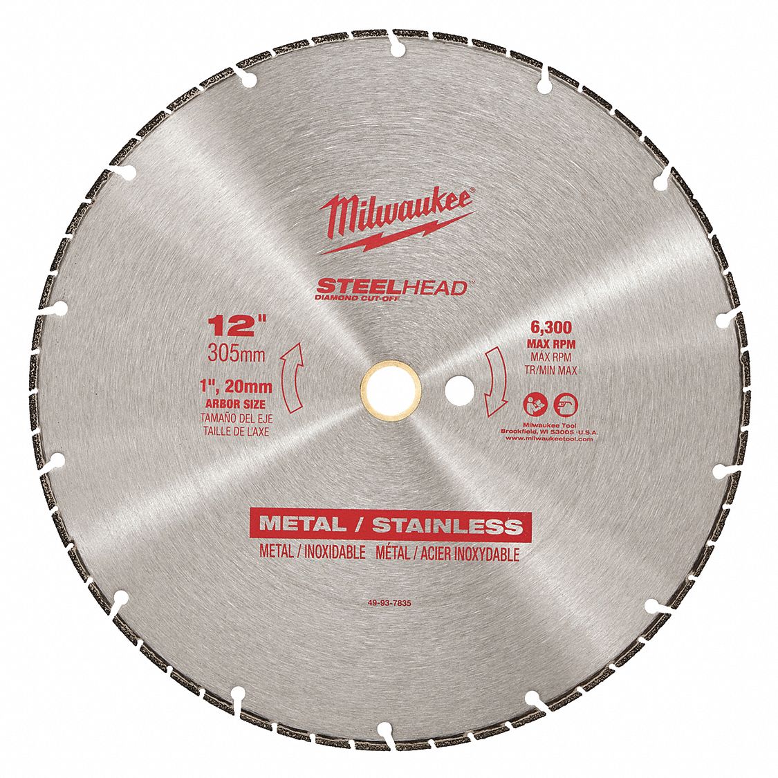 DIAMOND CUT-OFF SAW BLADE, SEGMENTED, STEET, 12 IN, 1 IN ROUND ARBOUR, DRY, 6300 RPM