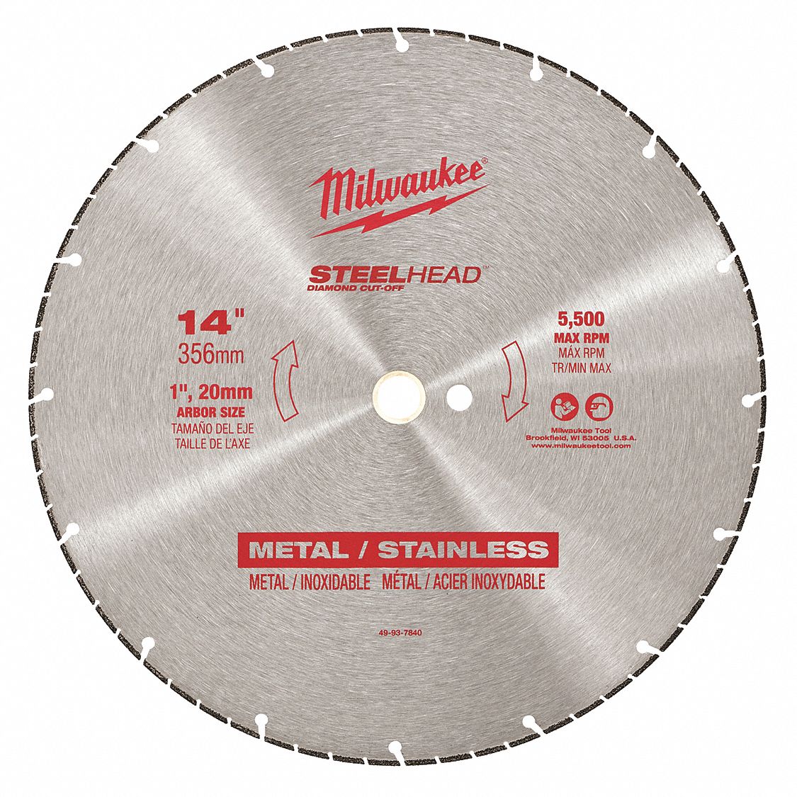 DIAMOND CUT-OFF SAW BLADE, SEGMENTED, STEET, 14 IN, 1 IN ROUND ARBOUR, DRY, 5500 RPM