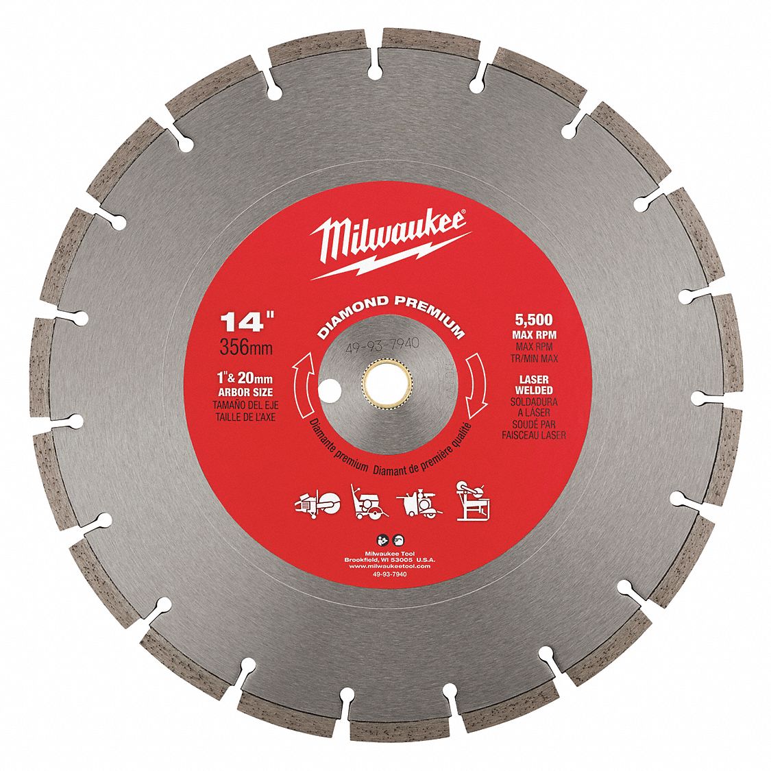 DIAMOND SAW BLADE, SEGMENTED, 14 IN, 1 IN ROUND ARBOUR, WET/DRY, 5500 RPM, CONCRETE/MASONRY