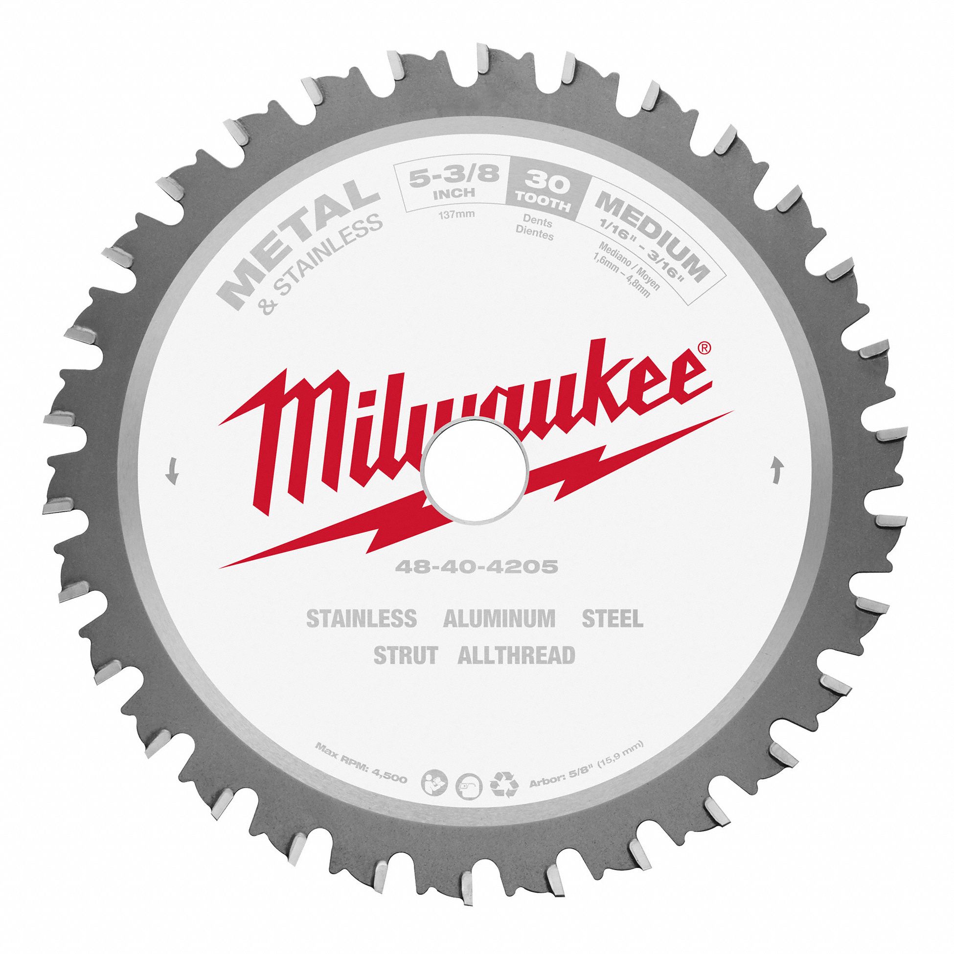 CIRCULAR SAW BLADE, CARBIDE, 5⅜ IN DIA, 30 TEETH, ROUND ARBOUR, 4500 RPM, FOR METALS/SS