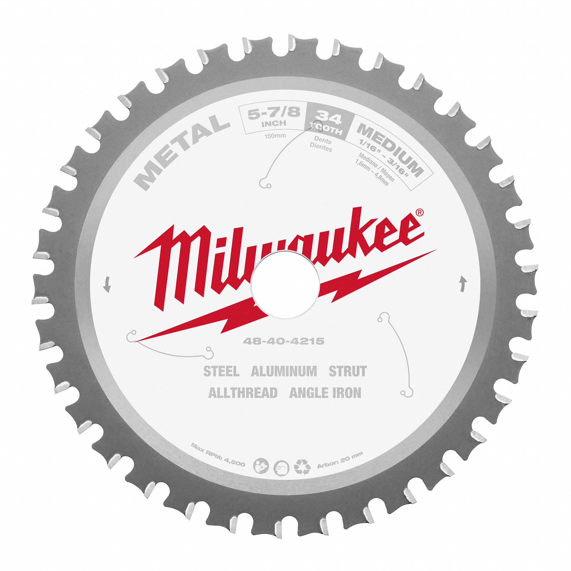 CIRCULAR SAW BLADE, CARBIDE, 5⅞ IN DIA, 34 TEETH, ROUND ARBOUR, 4500 RPM, FOR METAL