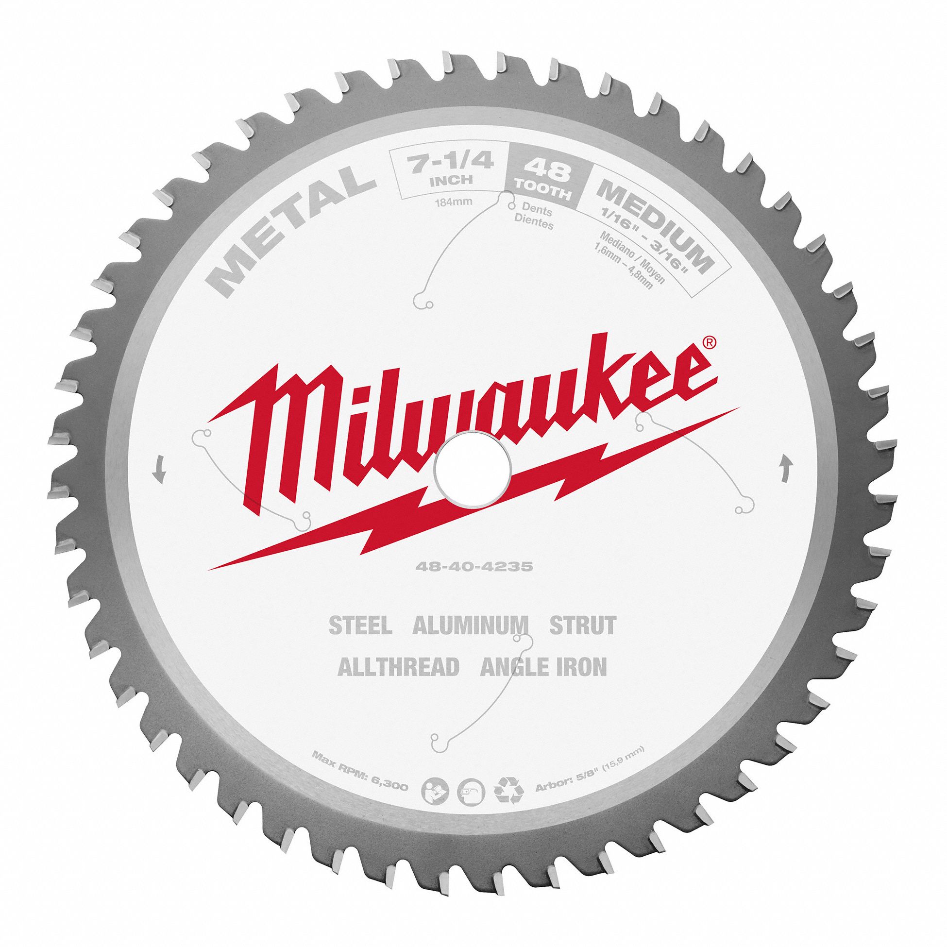 CIRCULAR SAW BLADE, CARBIDE, 7¼ IN DIA, 48 TEETH, ROUND ARBOUR, 6300 RPM, FOR METAL