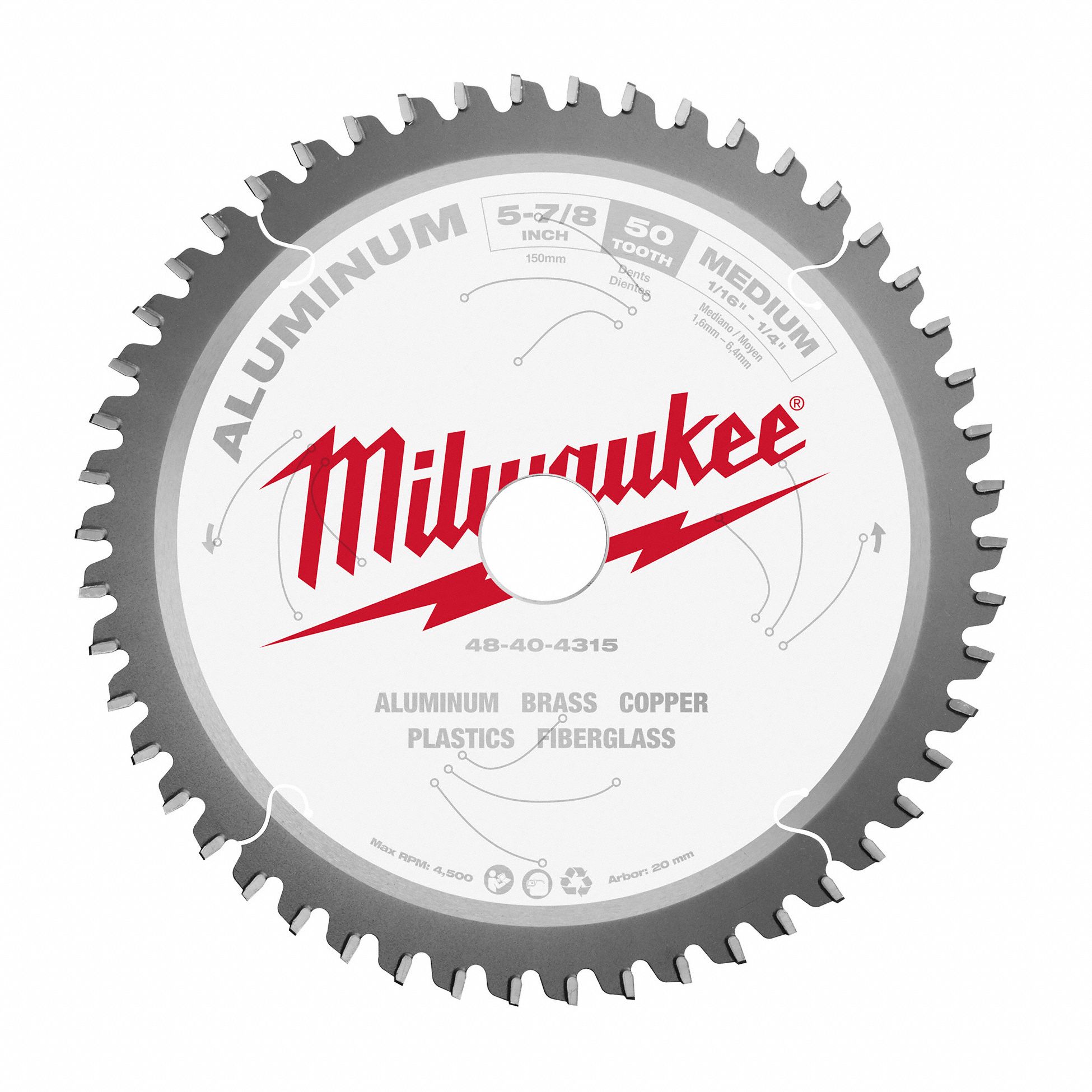 CIRCULAR SAW BLADE, CARBIDE, 5⅞ IN DIA, 50 TEETH, ROUND ARBOUR, 4500 RPM, FOR AL
