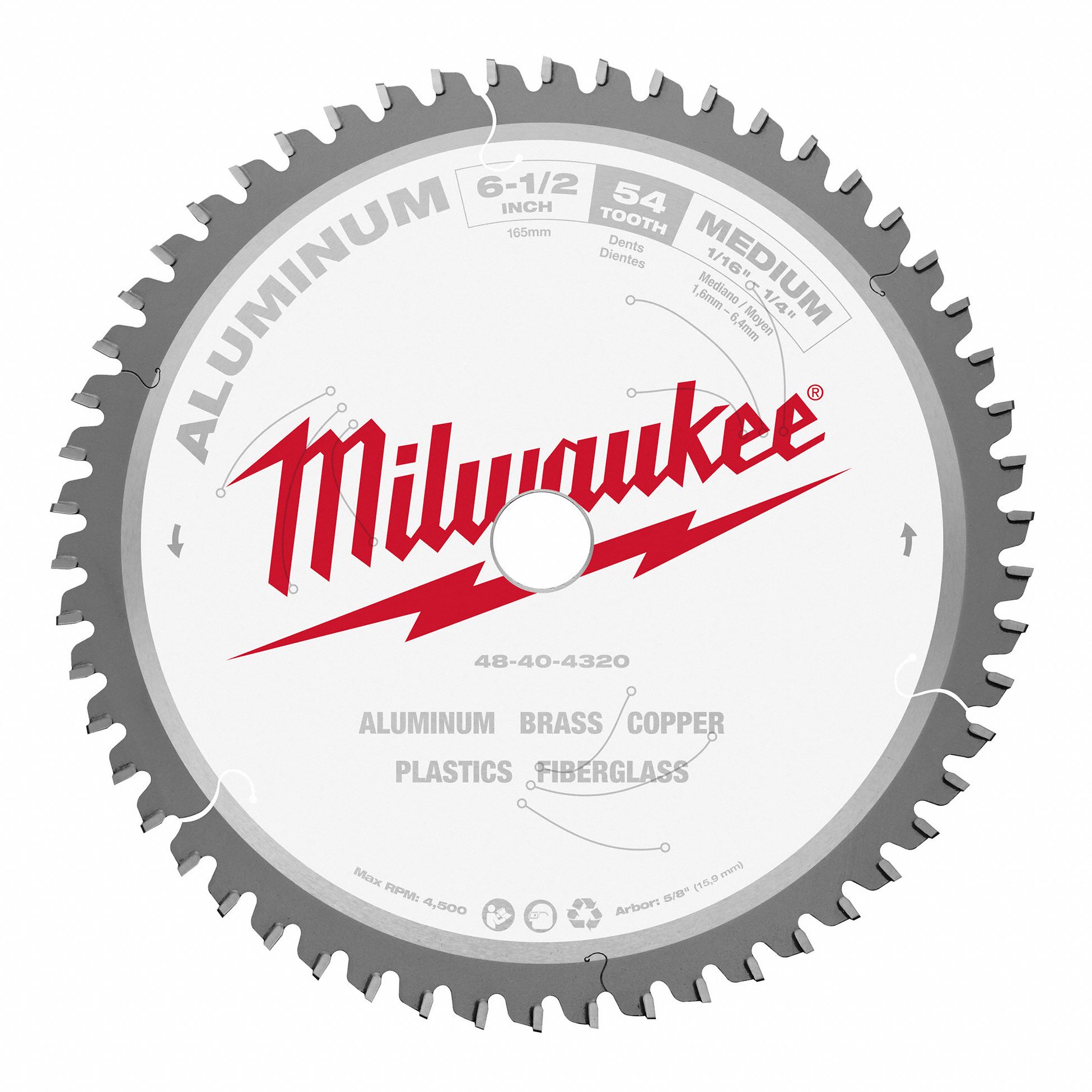 CIRCULAR SAW BLADE, CARBIDE, 6½ IN DIA, 54 TEETH, ROUND ARBOUR, 4500 RPM, FOR AL