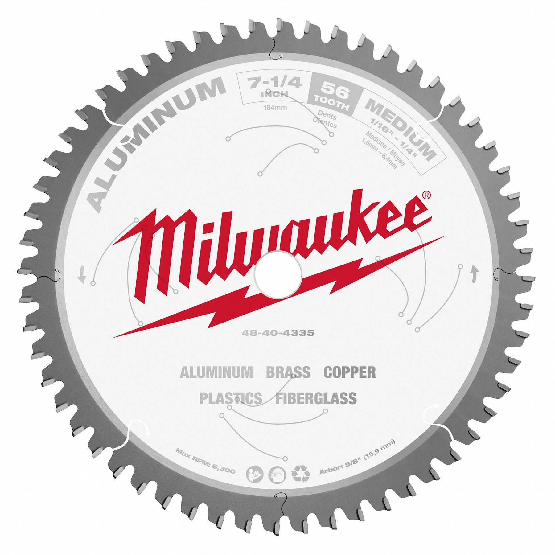 CIRCULAR SAW BLADE, CARBIDE, 7¼ IN DIA, 56 TEETH, ROUND ARBOUR, 6300 RPM, FOR AL