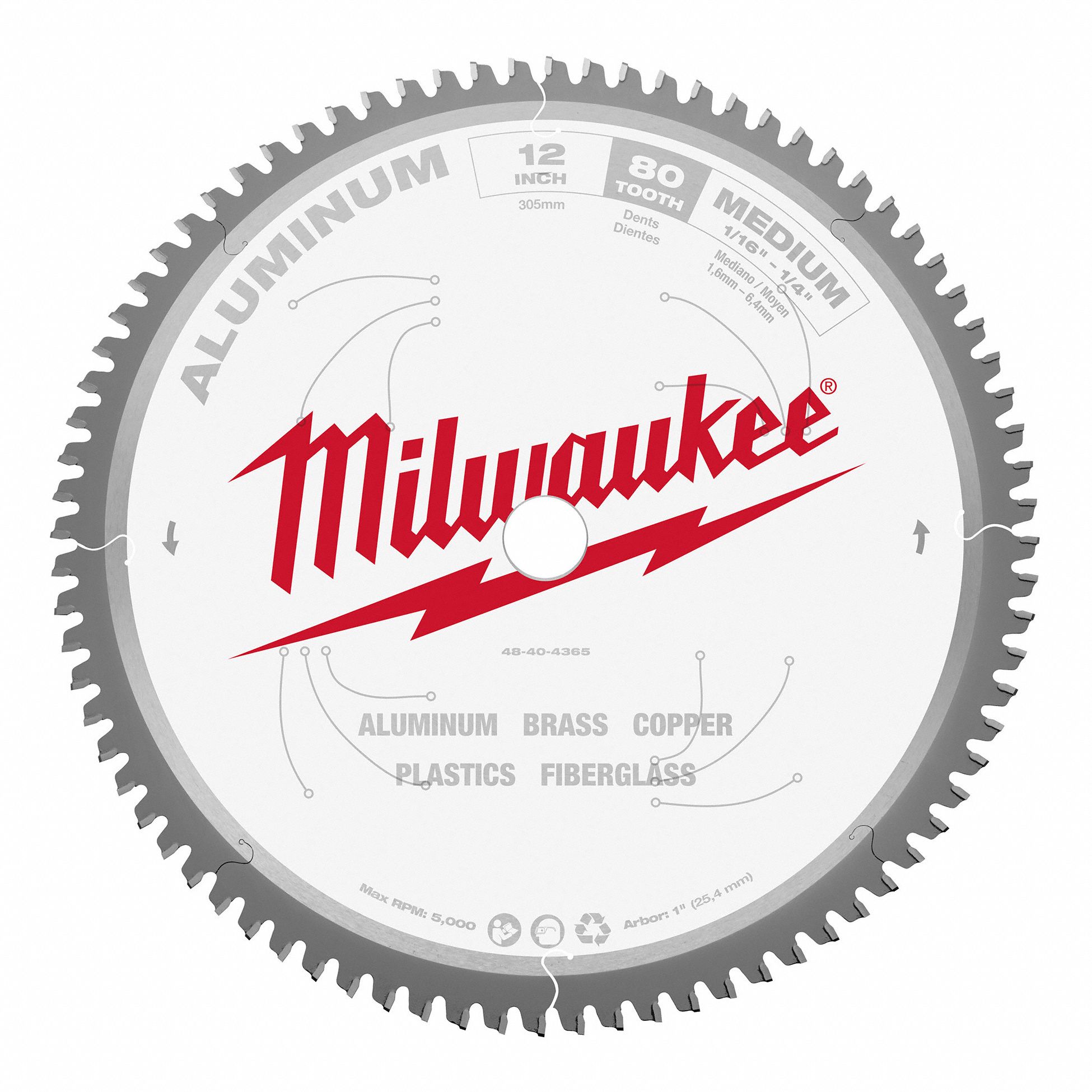 CIRCULAR SAW BLADE, CARBIDE, 12 IN DIA, 80 TEETH, ROUND ARBOUR, STANDARD, FOR AL