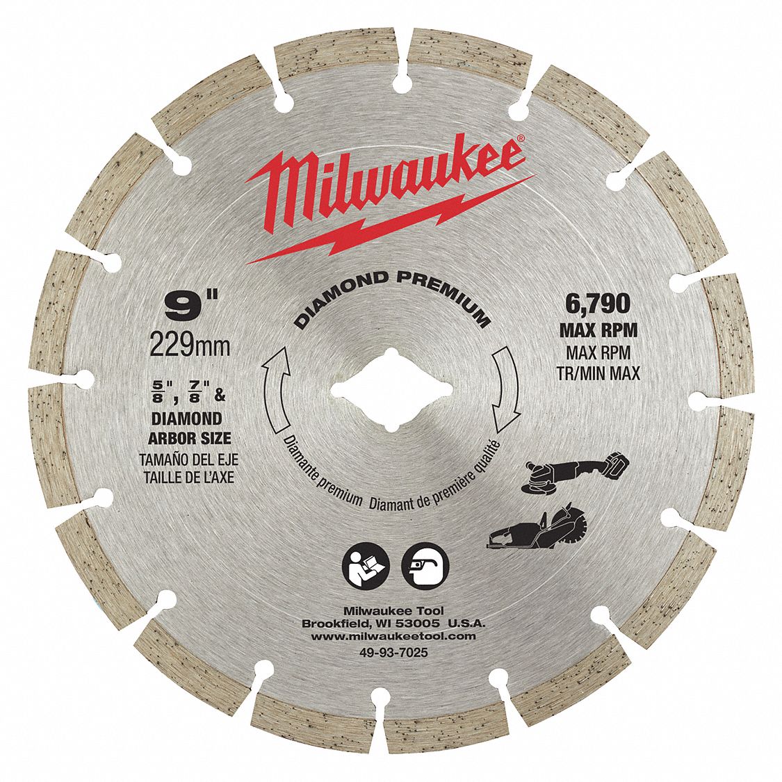 DIAMOND SAW BLADE, SEGMENTED, 9 IN, ⅝ TO⅞ IN, ROUND, WET/DRY, 6790 RPM