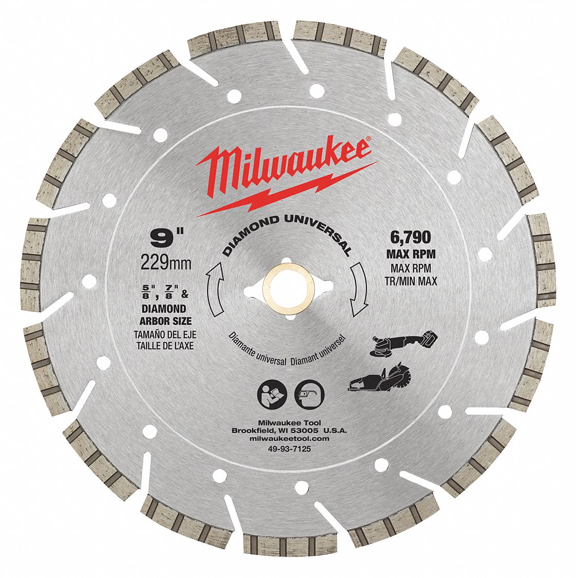 DIAMOND SAW BLADE, TURBO/SEGMENTED, 9 IN, ⅝ TO⅞ IN, ROUND, WET/DRY, 6790 RPM