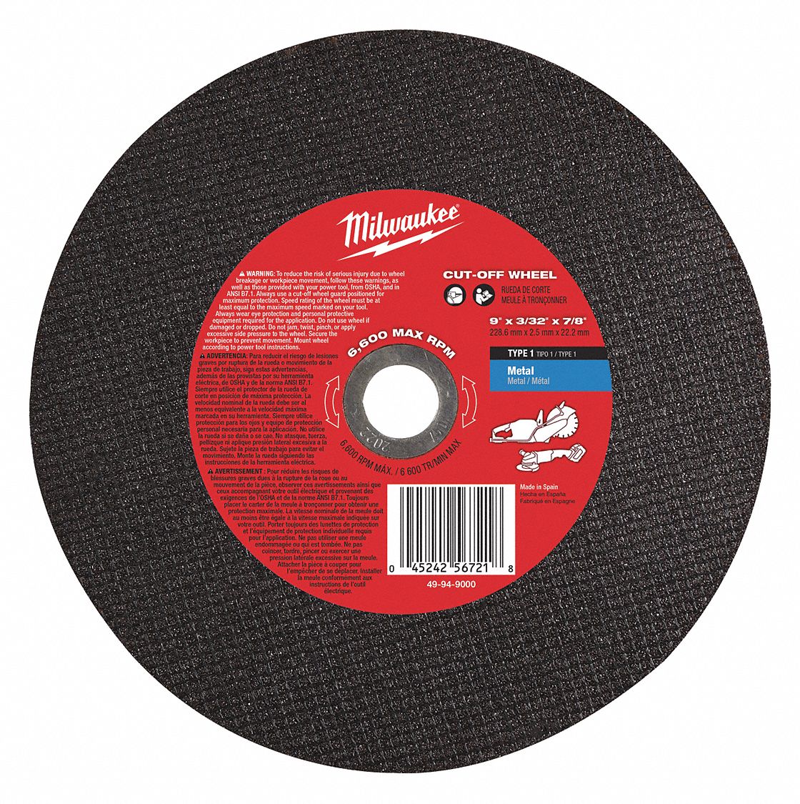 Milwaukee 9 in type 1 abrasive cut off wheel 7 8 in arbor hole size