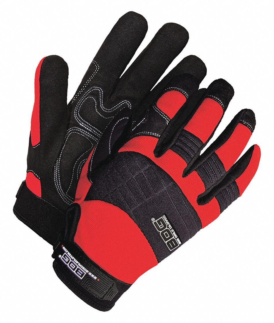 MECHANIC GLOVES, WINGED, FULL FINGER, REINFORCED, SIZE L, BLACK/RED, SPANDEX/SYNTHETIC LEATHER PALM