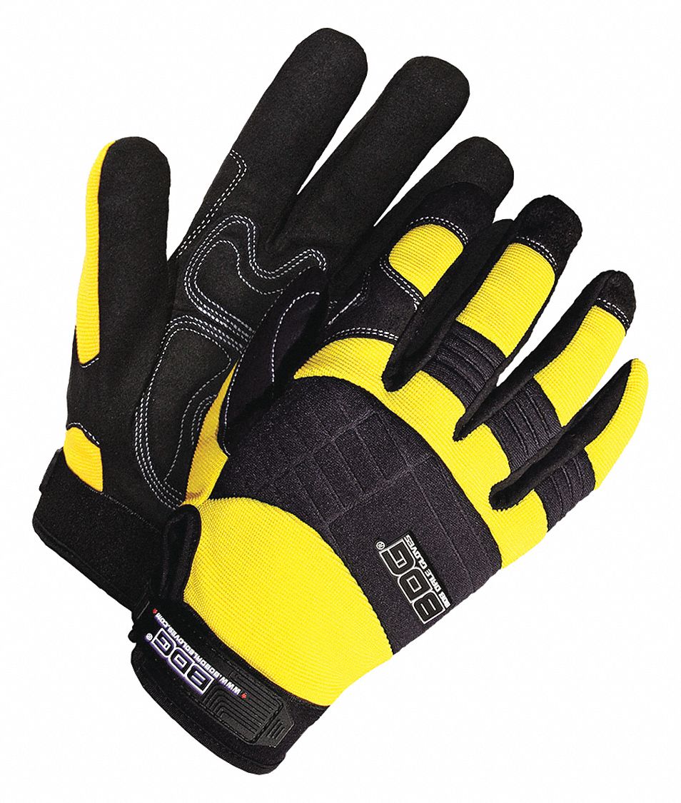 MECHANIC GLOVES, FULL FINGER, REINFORCED, GEL PADS, SIZE XXL, YELLOW, SPANDEX/SYNTHETIC LEATHER