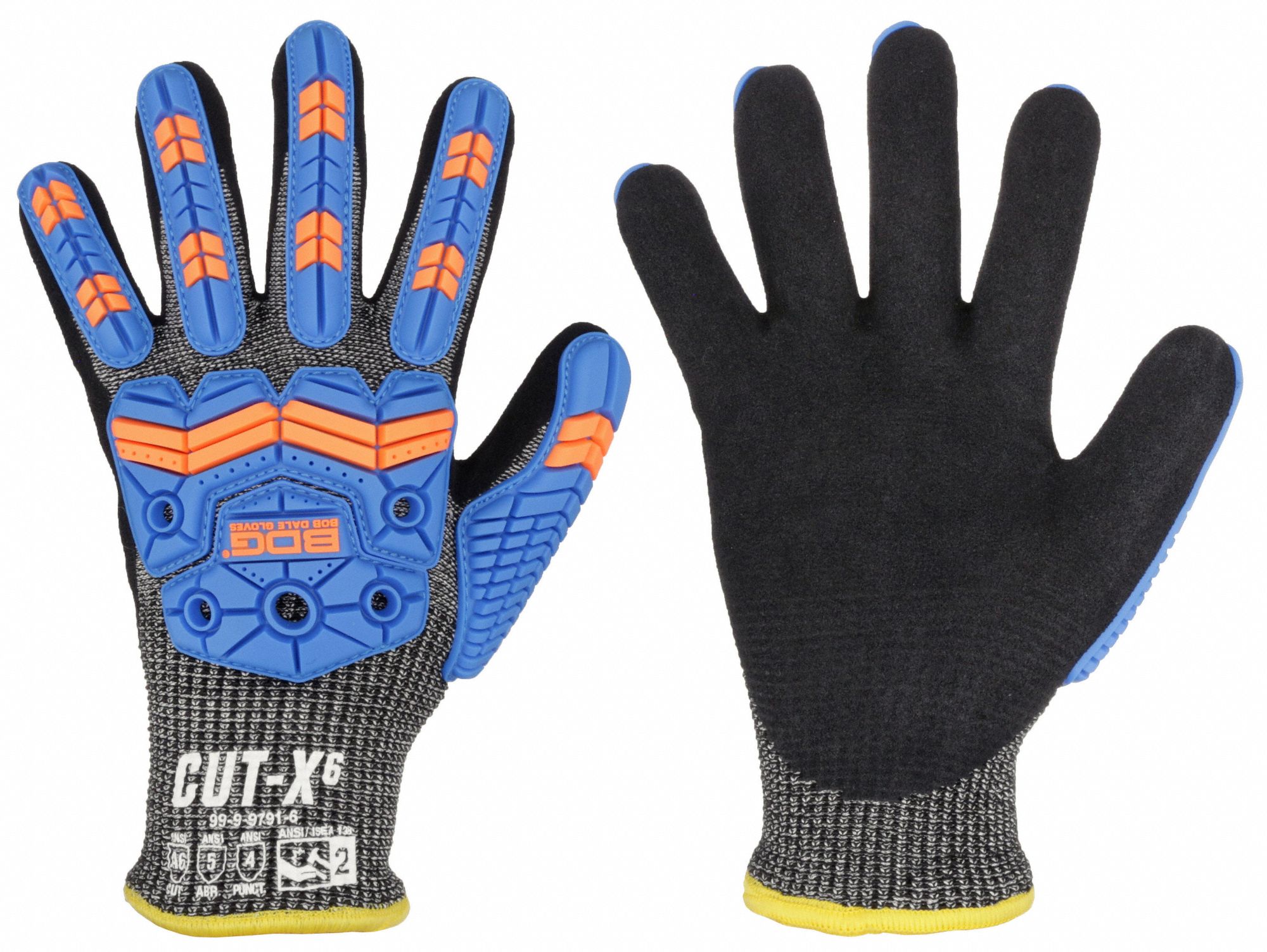 HI-VIS CUT-RESISTANT GLOVES, SZ 7/SMALL, BLUE/ORANGE/BLACK/DK GREY, NITRILE/HPPE/ELASTIC, PAIR