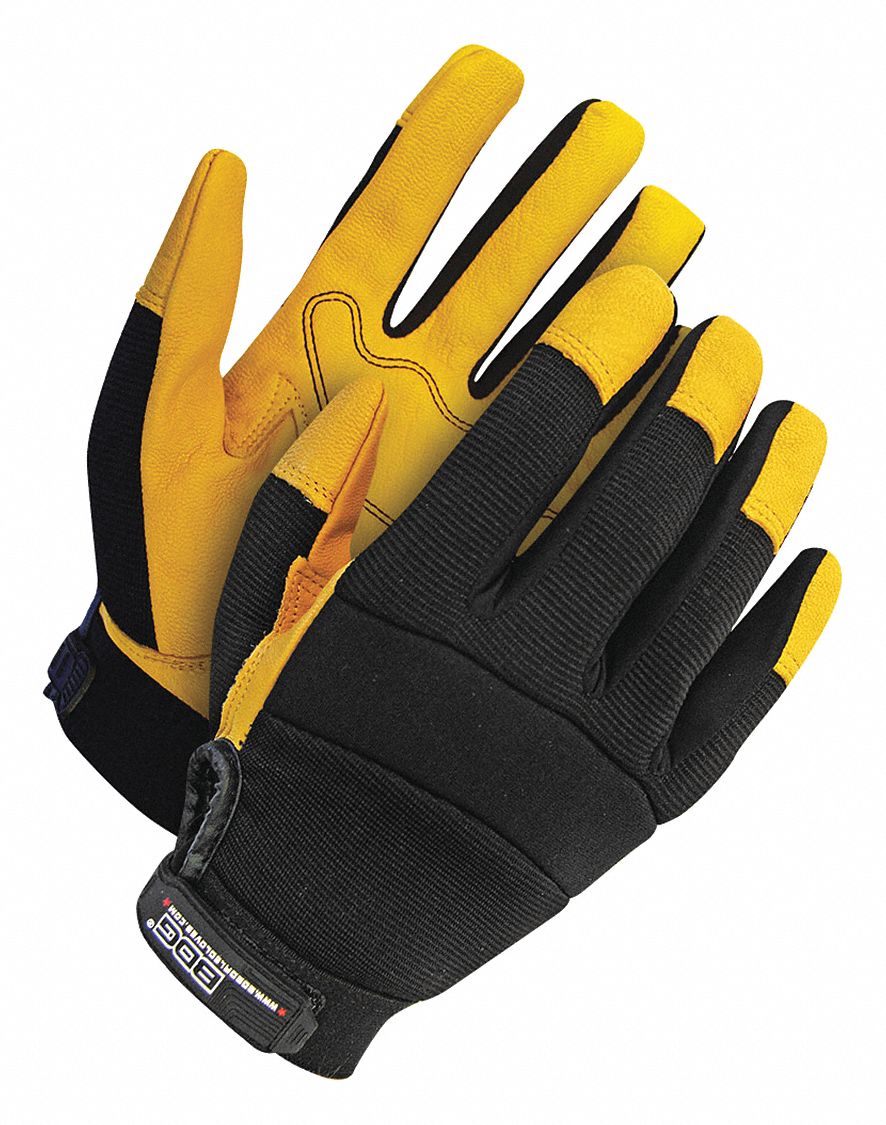 GOATSKIN MECHANICS GLOVES, M, BLACK/YELLOW, 9 IN, ELASTIC WRIST CUFF