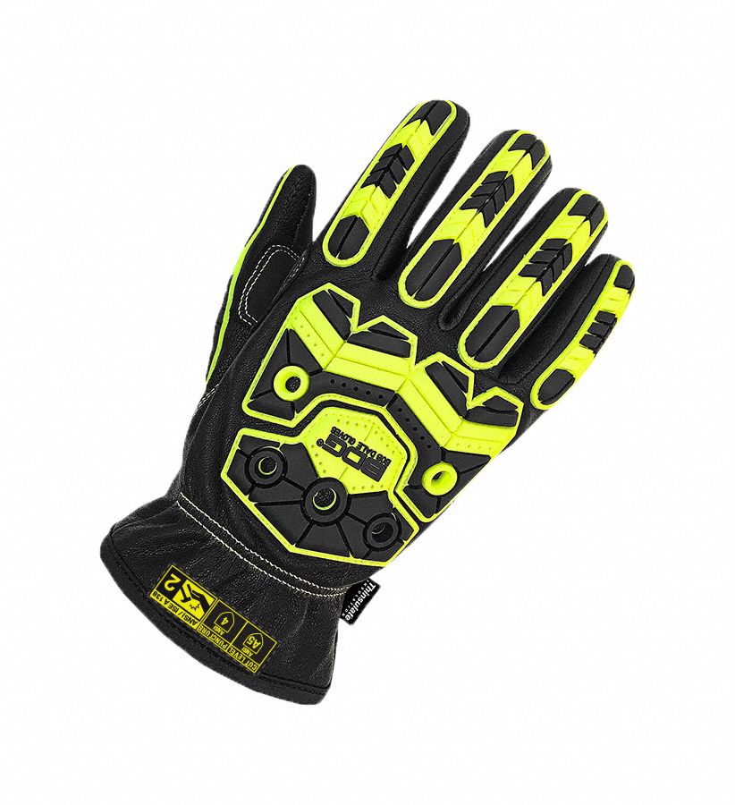 WINTER GLOVES, HI-VIS/OIL-RESISTANT/KEYSTONE THUMB, SIZE MEDIUM/8, BLACK/GREEN, TPR/GOATSKIN