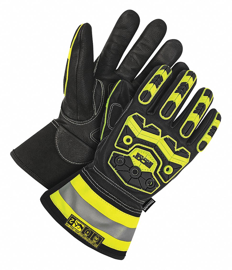 WINTER GLOVES, OIL RESIST/GAUNTLET CUFF/HI-VIS, SZ X-SMALL/6, BLACK/GREEN, THINSULATE/GOATSKIN/TPR