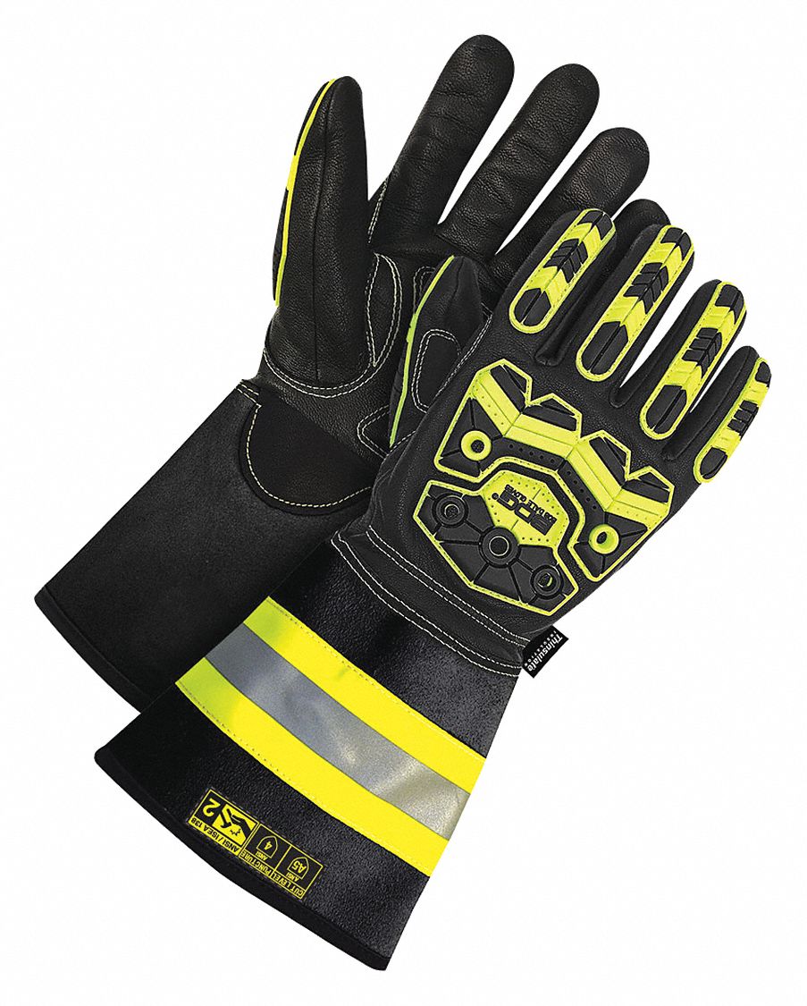 WINTER GLOVES, OIL RESIST/GAUNTLET CUFF/HI-VIS, SZ MEDIUM/8, BLACK/GREEN, THINSULATE/GOATSKIN/TPR