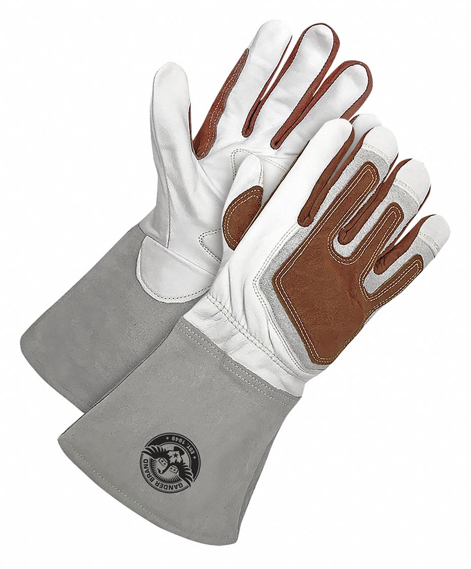 FLAME-RESISTANT WELDING GLOVES, LINED, TIG, LARGE/9, WHITE/BROWN,  GOATSKIN/KEVLAR, PAIR