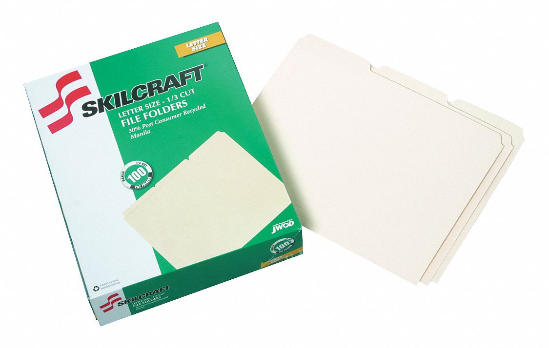 File Folders: 8 1/2 in Ht, 11 in Wd, Manila, 11 pt. Manila, Top Tab Location, 100 PK