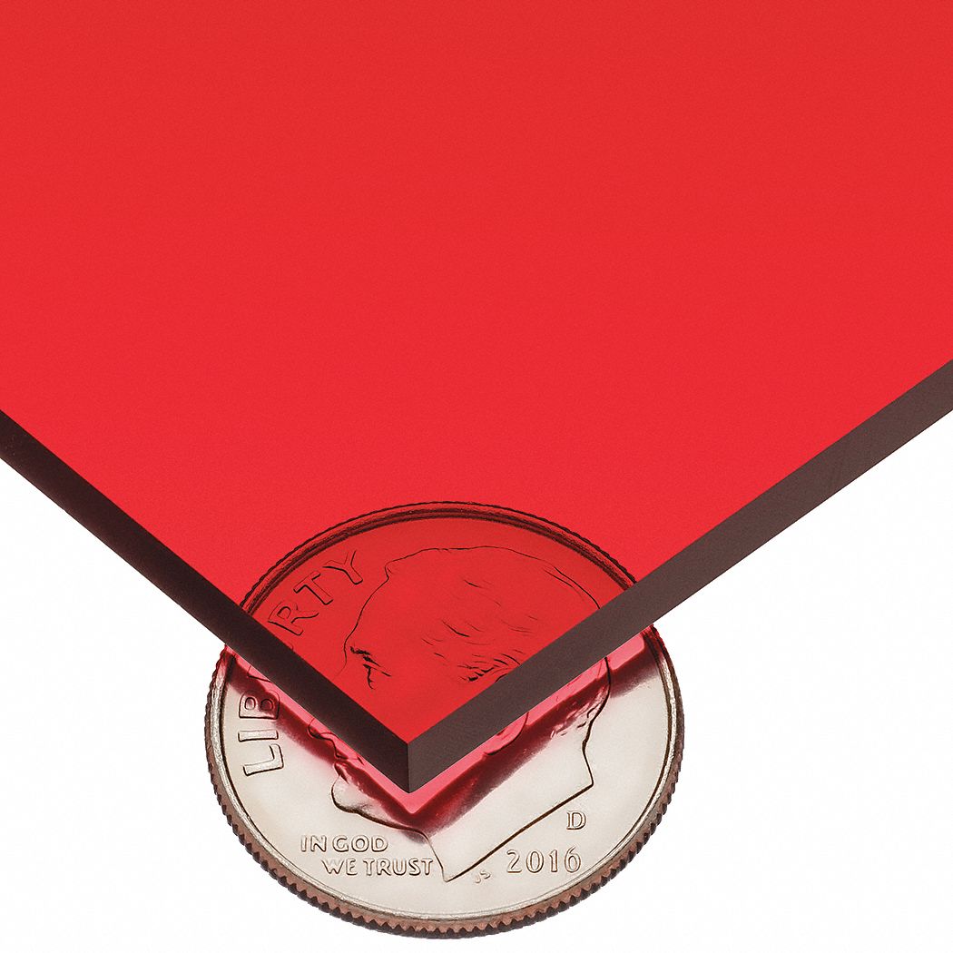 Acrylic Sheet: 0.125 in Thick, 12 in x 12 in, Red, Clear, 9, 000 psi Tensile Strength, 40°F to 190°F