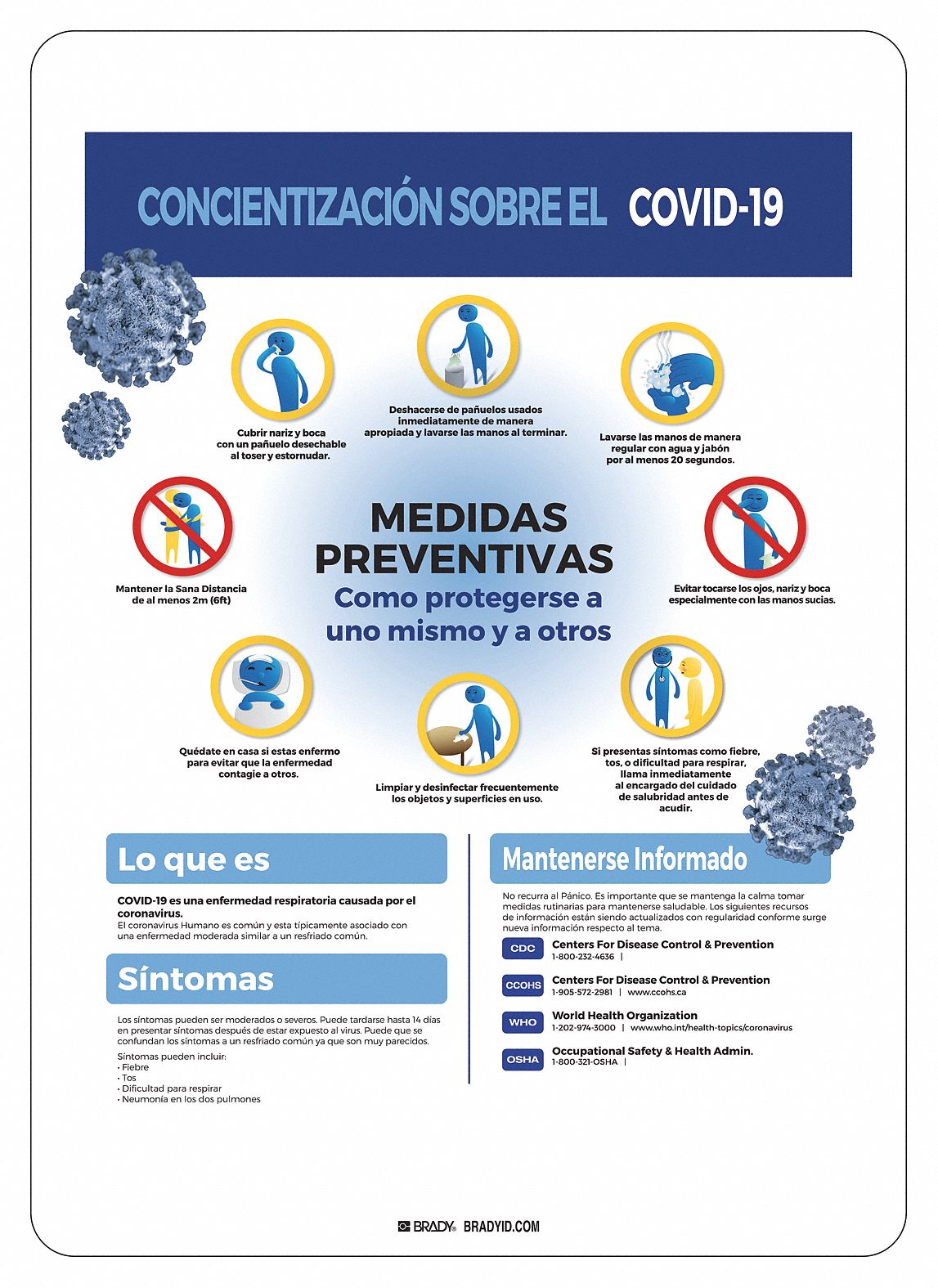 Covid 19 Sign Spanish Covid19 Awareness, : 14 in x 10 in Nominal Sign Size, Aluminum, White, 14 in Ht