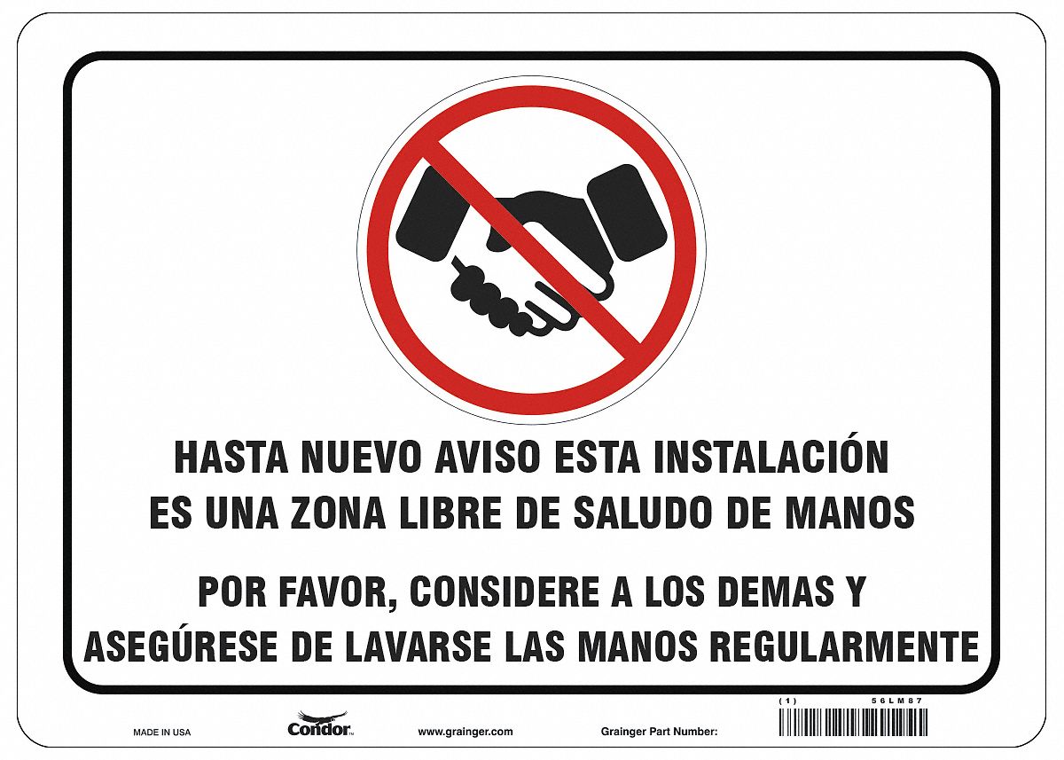 Covid 19 Sign 10X14, Spanish Handshake F: 10 in x 14 in Nominal Sign Size, 0.055 in Thick, White