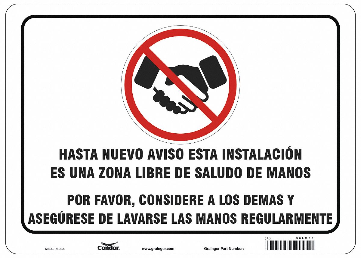 Covid 19 Sign 10X14, Spanish Handshake F: 10 in x 14 in Nominal Sign Size, 0.032 in Thick, Aluminum