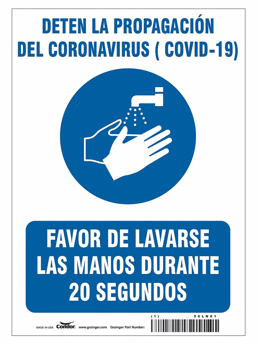 Covid 19 Sign 10X14, Spanish Prevent Cov: 10 in x 14 in Nominal Sign Size, 0.055 in Thick, White