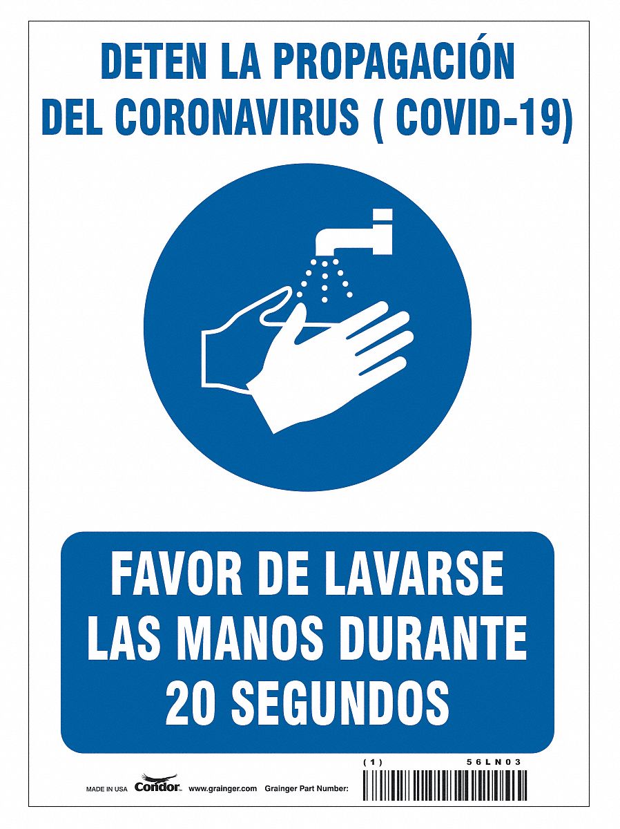 Covid 19 Sign 10X14, Spanish Prevent Cov: 10 in x 14 in Nominal Sign Size, 0.004 in Thick, Polyester