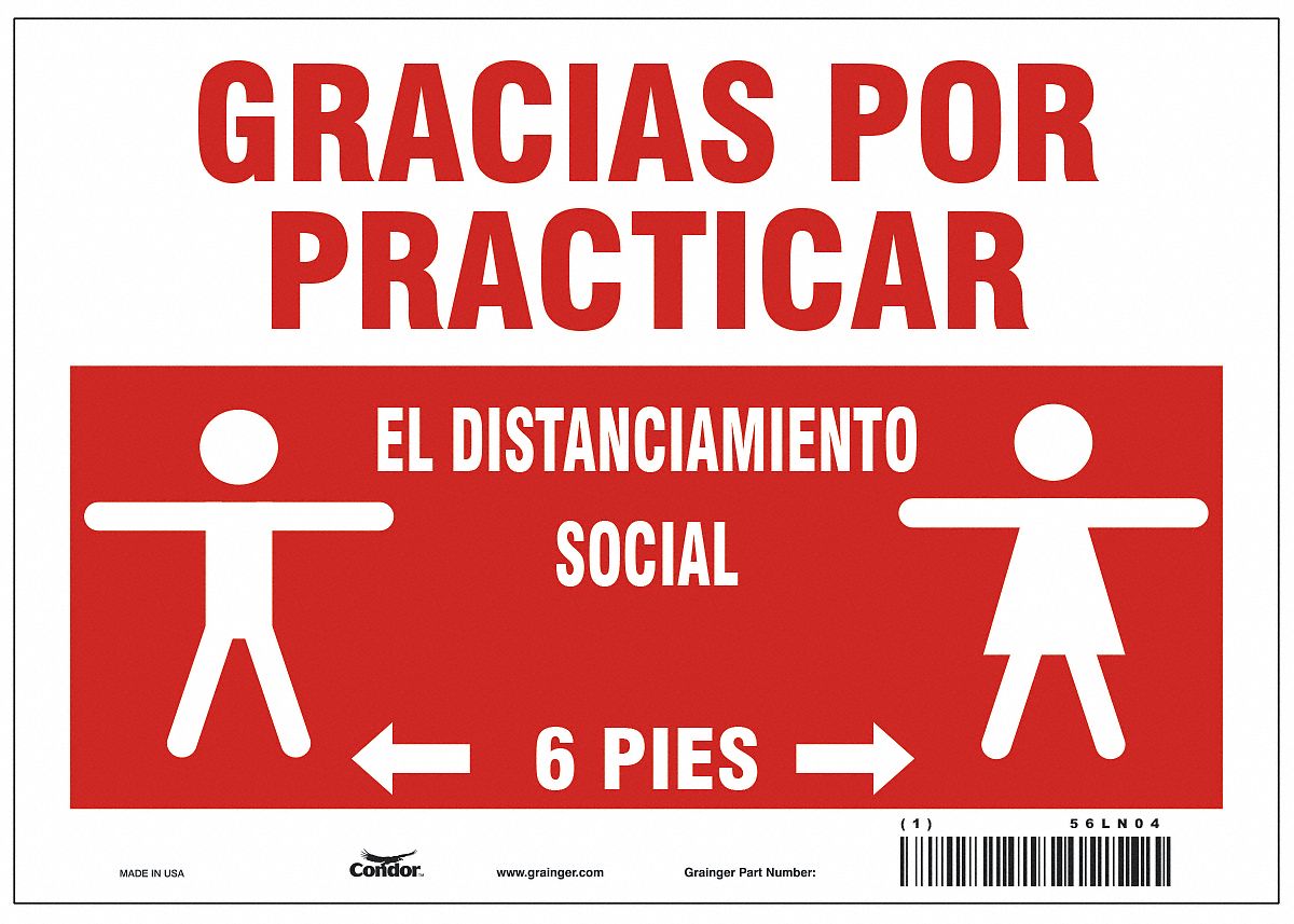 Covid 19 Sign 7X10, Spanish Practice Soc: 7 in x 10 in Nominal Sign Size, 0.055 in Thick, Red
