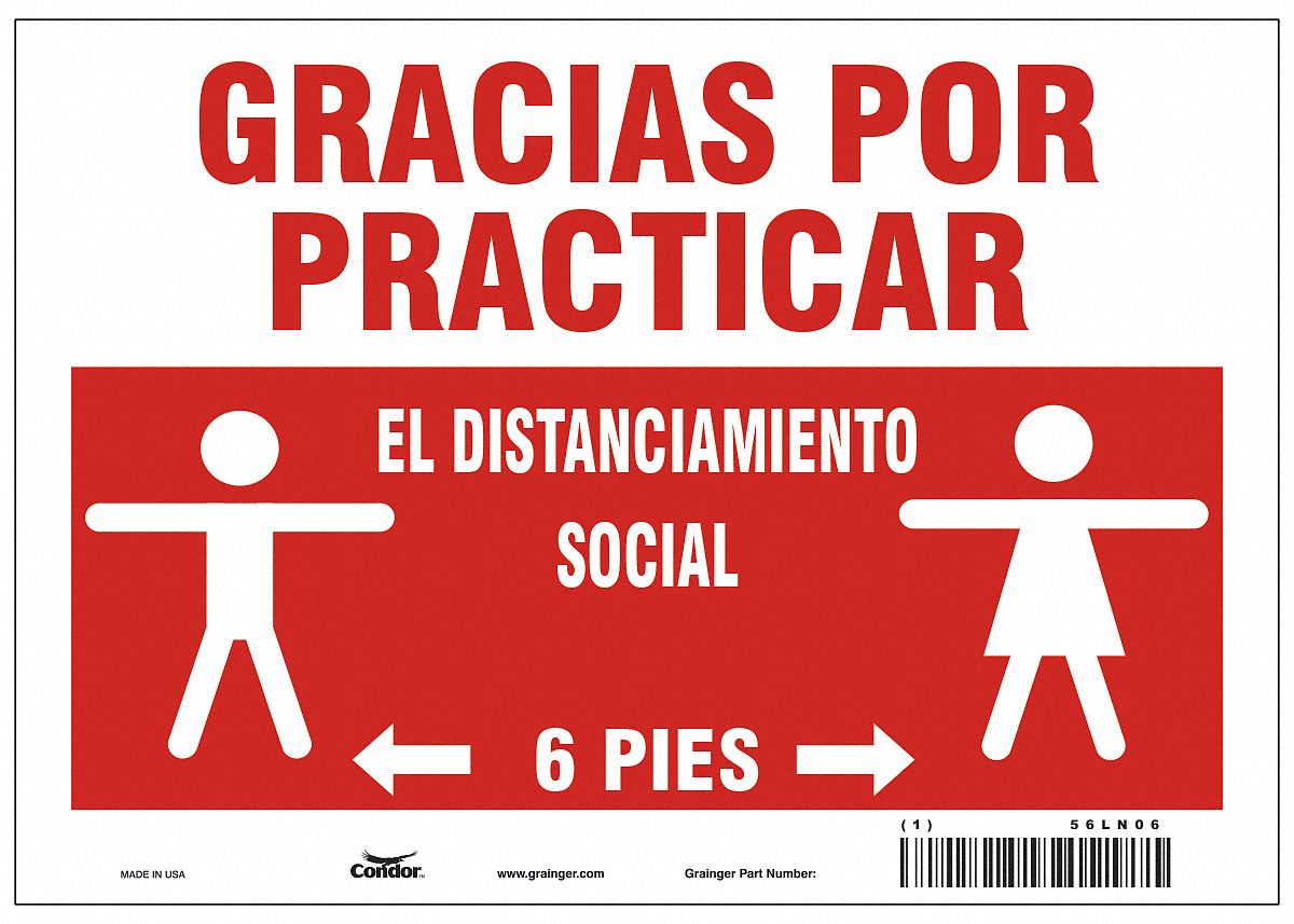 Covid 19 Sign 7X10, Spanish Practice Soc: 7 in x 10 in Nominal Sign Size, 0.004 in Thick, Polyester
