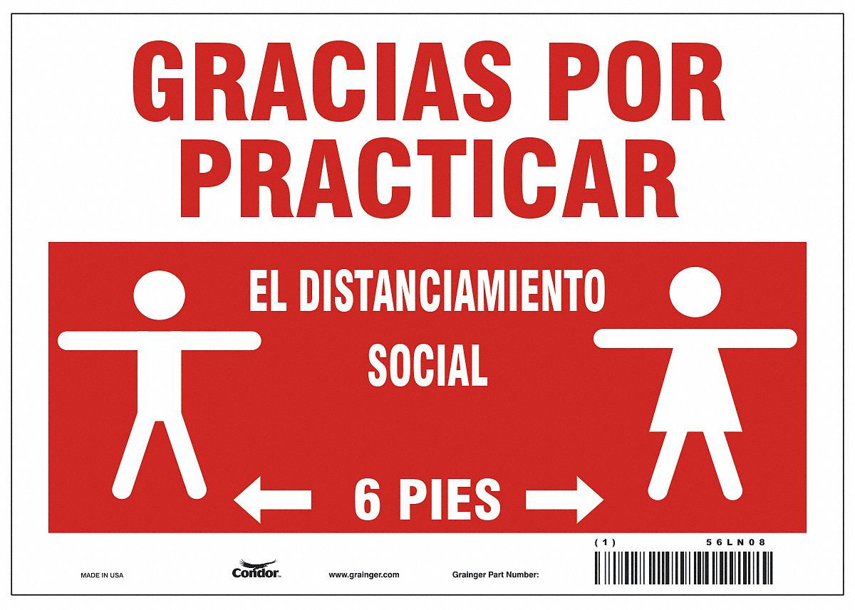 Covid 19 Sign 7X10, Spanish Practice Soc: 7 in x 10 in Nominal Sign Size, 0.032 in Thick, Aluminum