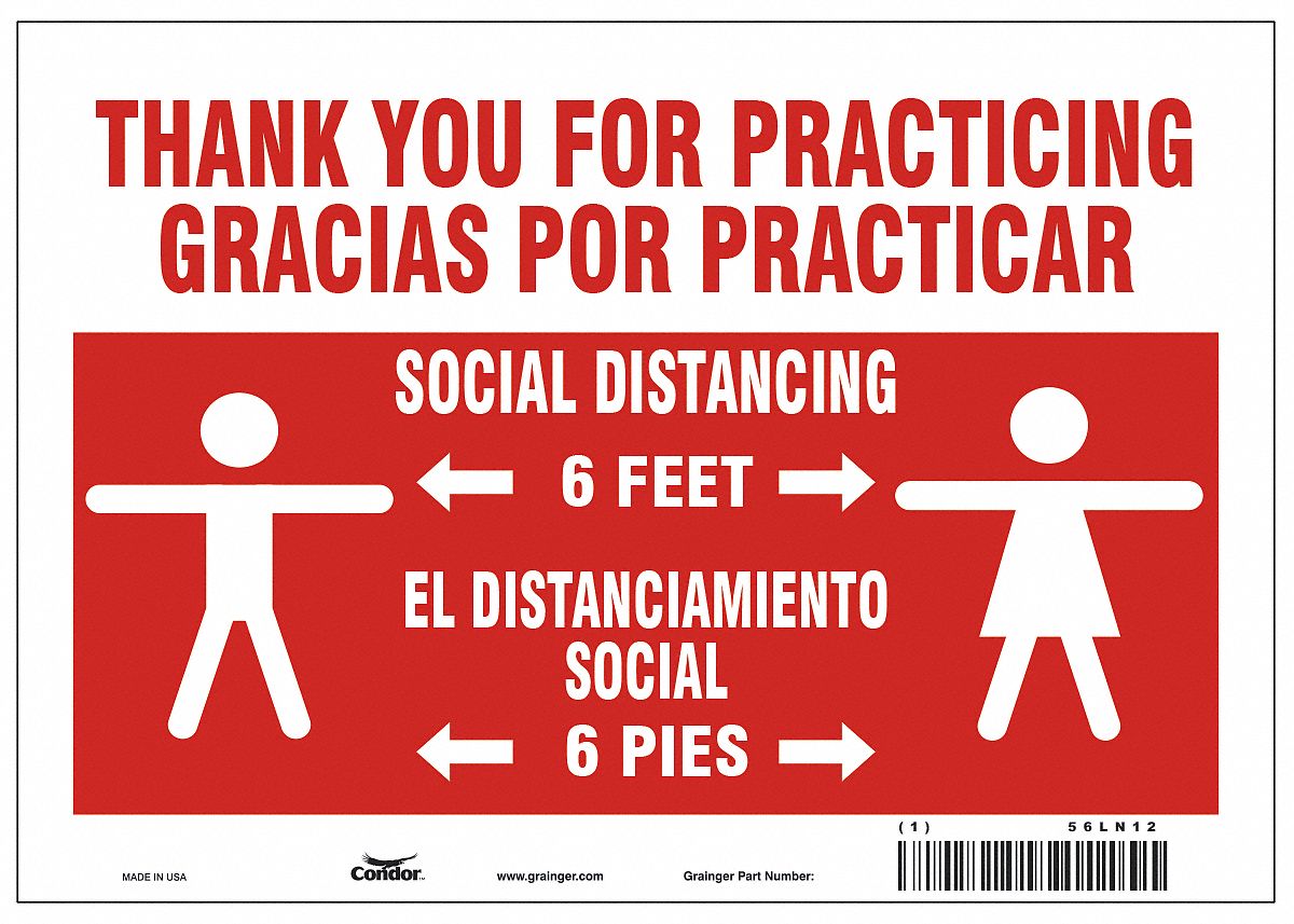 Covid 19 Sign 7X10, Eng/Span Practice So: 7 in x 10 in Nominal Sign Size, 0.004 in Thick, Polyester