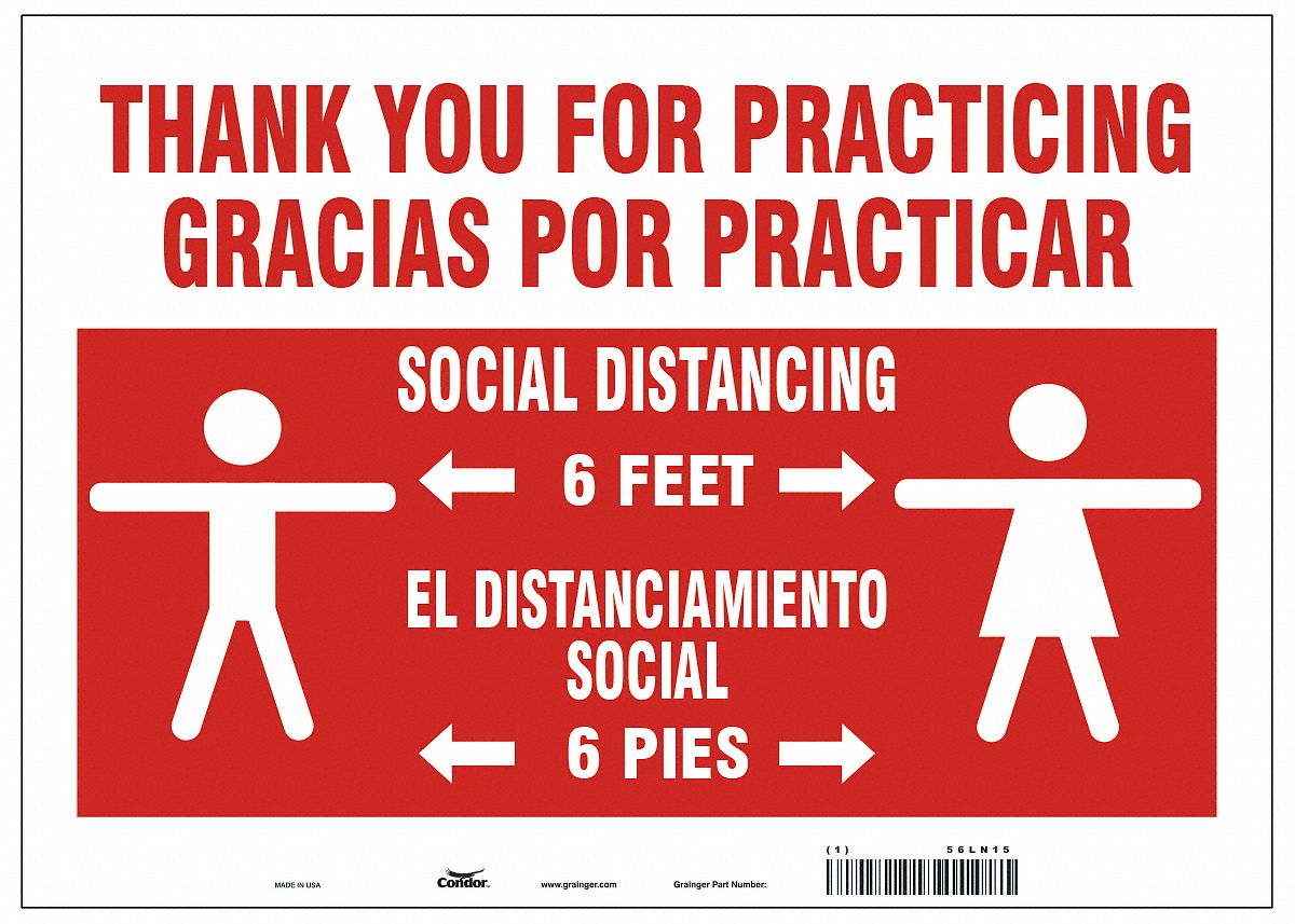 Covid 19 Sign 10X14, Eng/Span Practice S: 10 in x 14 in Nominal Sign Size, 0.032 in Thick, Aluminum