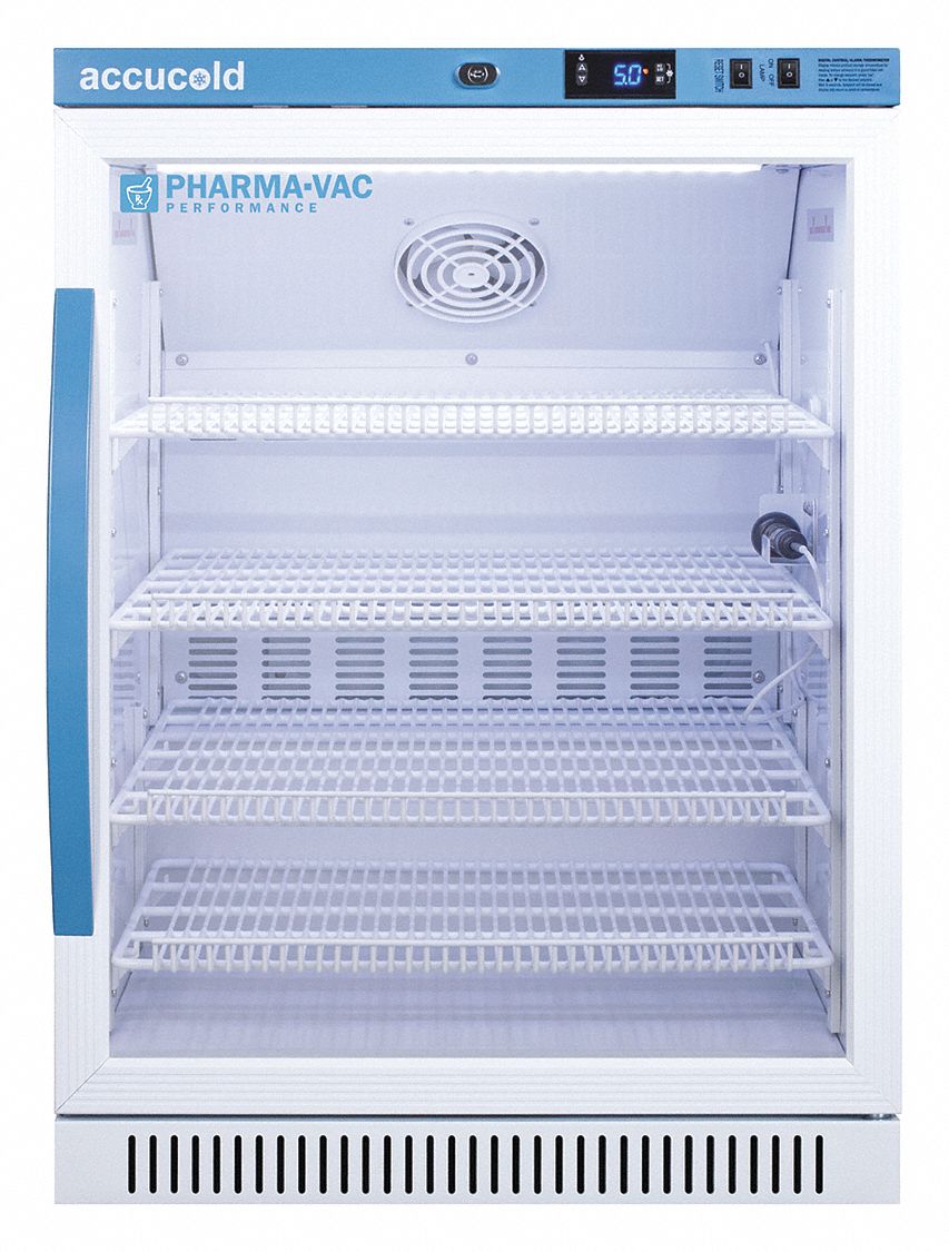 Vaccine Refrigerator: 6 cu ft, Undercounter, 2°C to 8°C, 24 3/8 in Overall Dp, Swing Glass