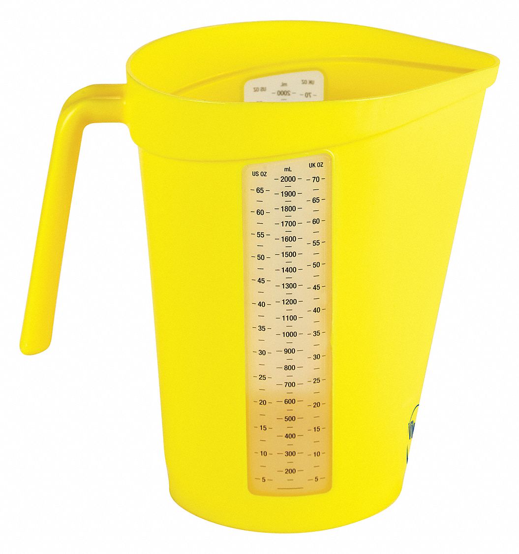 Measuring Cup: Dry/Liquid, 67.6 fl oz Capacity, Polypropylene, Yellow, 5 1/2 in Overall Lg