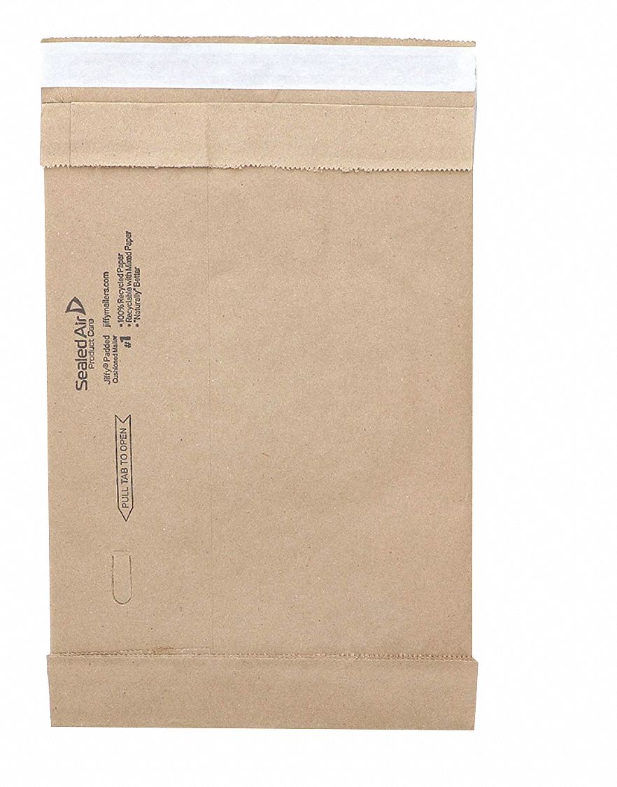 Padded Mailer: 7 in x 10 1/2 in, 7 1/4 in x 12 in, #1, Recycled Macerated Padding, Kraft, 100 PK
